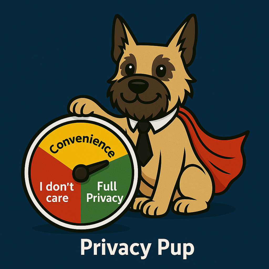 Privacy Pup holds a privacy dial that goes from "I don't care" to "Convenience" to "Full Privacy" implying all of us set our dial to fit our comfort level.
