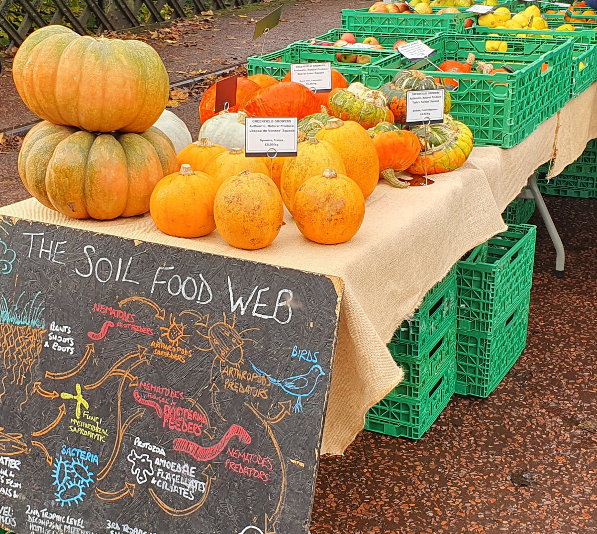 Pumpkins and other autumn fruit and vegetables on display at the market