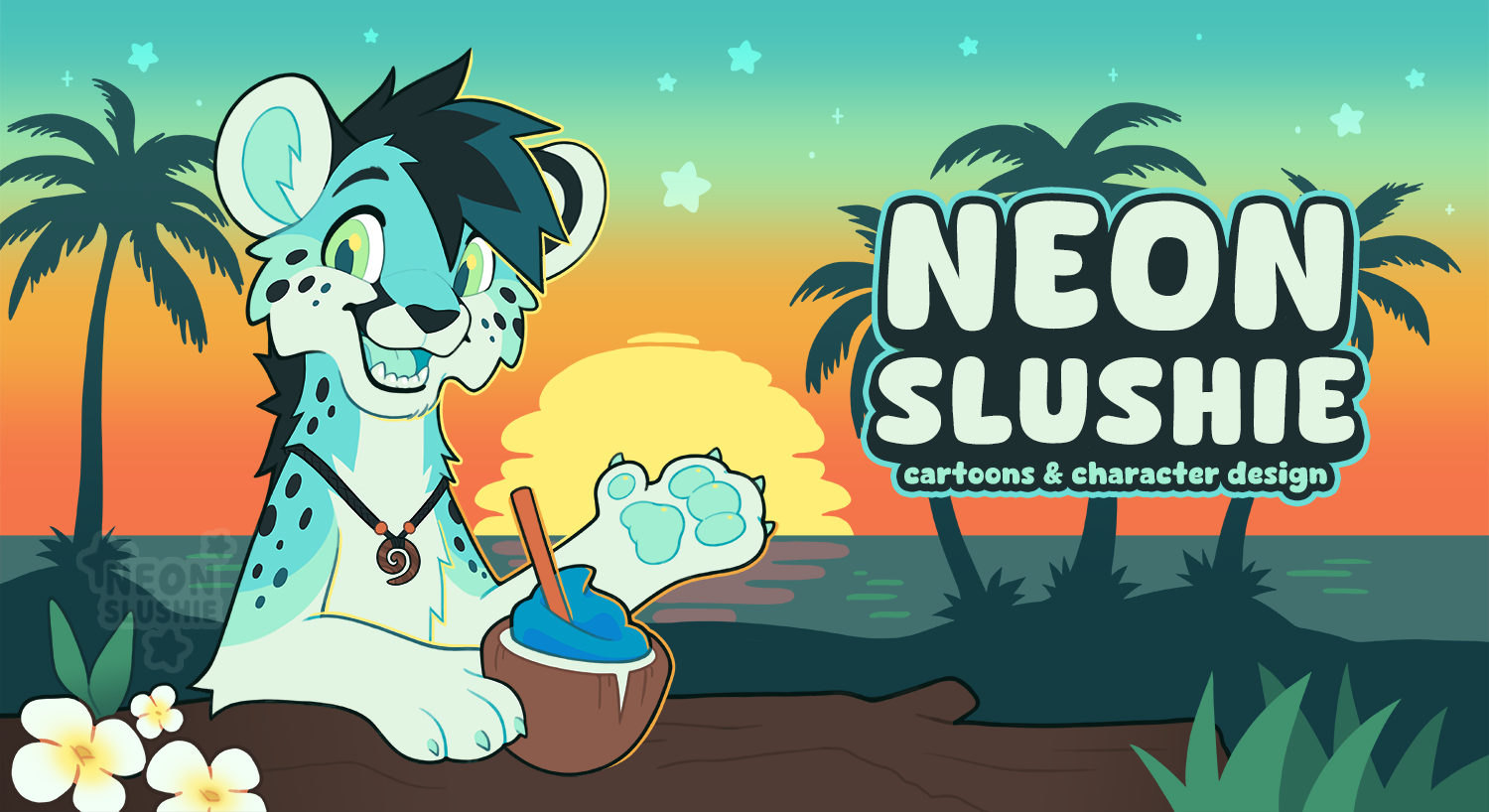 Neon Slushie logo showing a tropical slushie in a coconut cup.