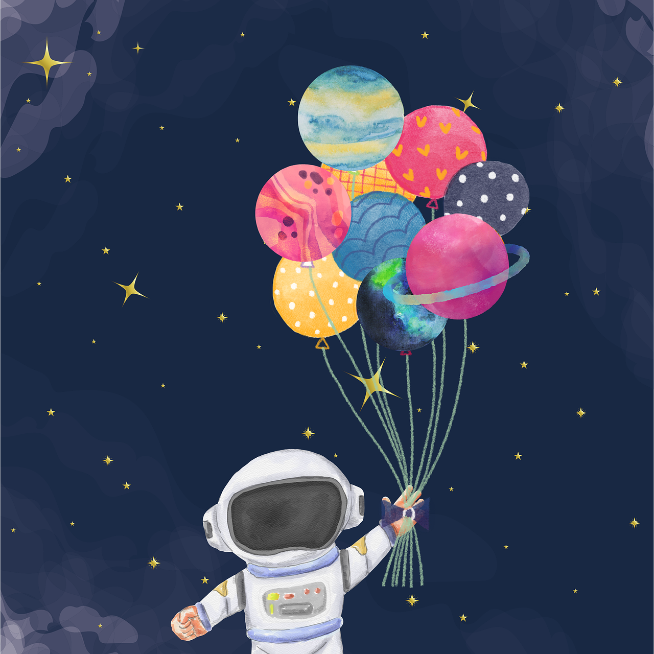 astronaut holding balloons