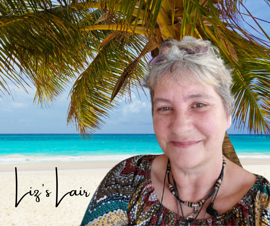 A smiling woman with short gray hair stands in front of a tropical beach background with turquoise water and palm trees. The text ‘Liz’s Lair’ appears in the bottom left corner