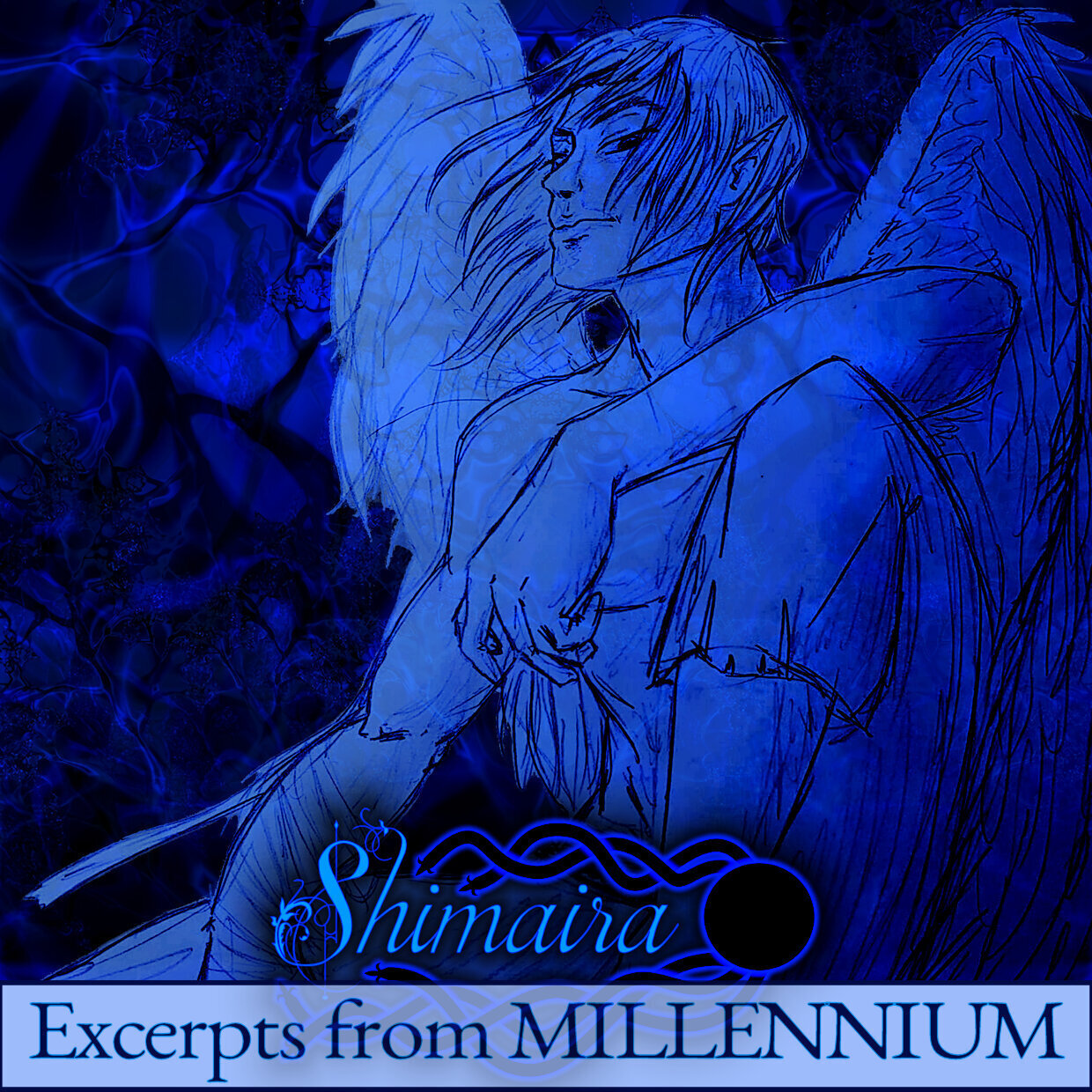 A square ebook cover in all blue shades, with a fractal background and a sketch drawing of a man with pointy ears and feathered wings.