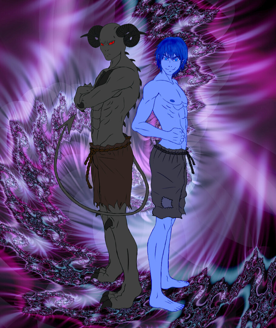 A large purple fractal background. In the middle are two male demonic characters with their backs to one another. The left is black with curled ram horns on his bald head. His eyes are fully red and he has his arms crossed. On his spine, knees and elbows are black spikes. Next to him stands a blue man with blue hair. Both characters are only wearing dark short trousers.