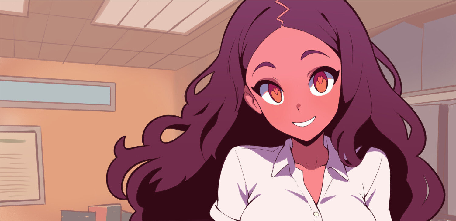 A widescreen portrait of my cartoon assistant Mira  stood in the office smiling