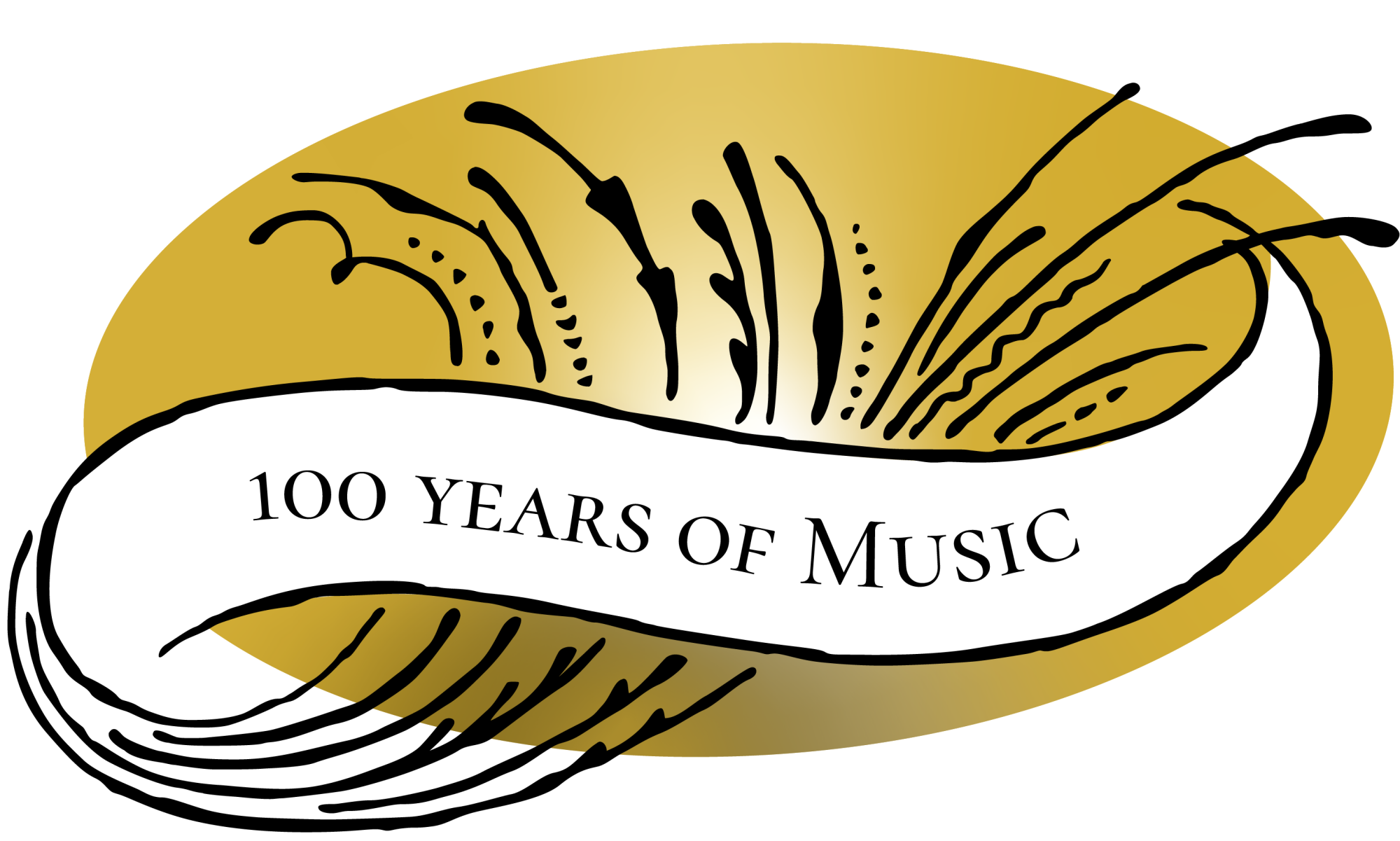 calligraphic swath banner with text "100 years of music" decorated with wheat flourish over golden oval