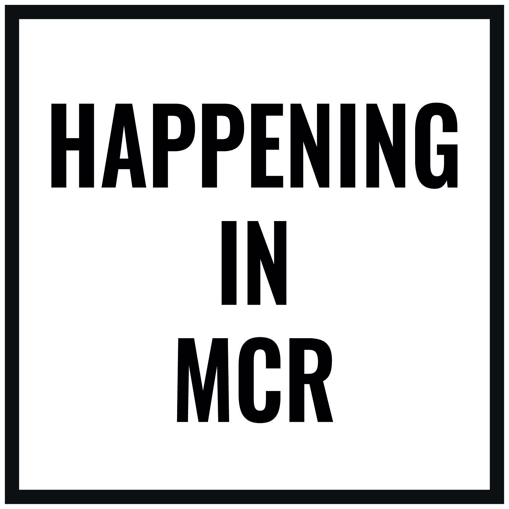 Logo of Happening In MCR – Box with a black border with its name.