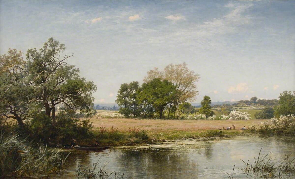 A painting of a riverside view in late spring, looking across a broad river to a grassy bank dotted with trees. Fields and more trees rise in the background, under a blue sky with scudding white clouds.