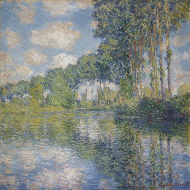 A serene impressionist painting depicting a tranquil river scene bordered by tall, slender trees. The sky is filled with soft, fluffy clouds, reflected gently on the water’s surface. The brushstrokes are loose and textured, capturing the movement of light and color. The trees on the right are particularly vivid, with their reflections mirrored in the calm river below.