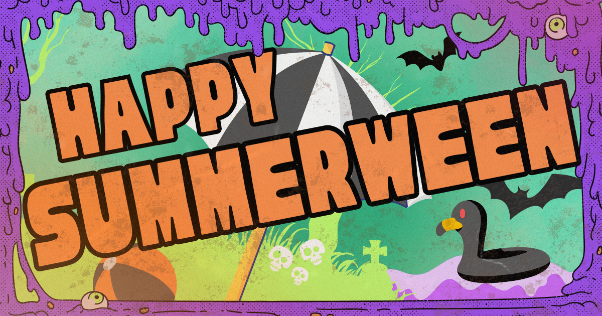 Summerween post card with spooky floats in a swamp and a graveyard,