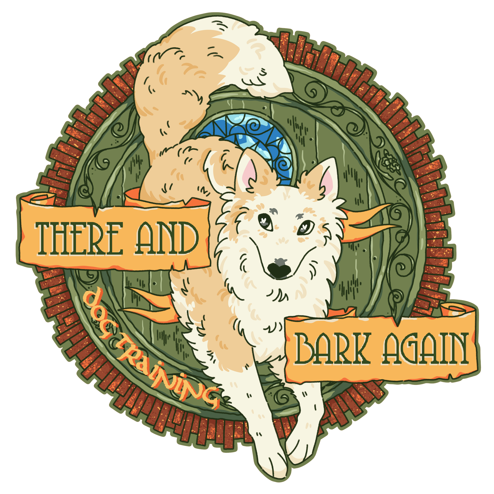 Logo with dog bounding in front of a hobbit door.